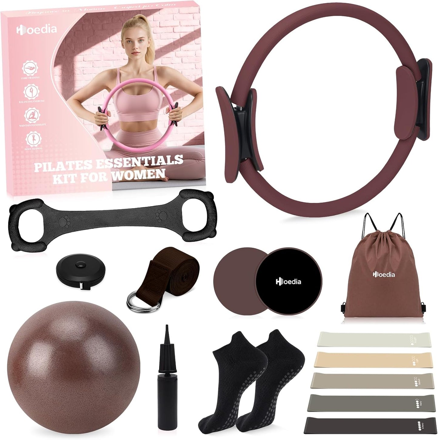 Hoedia Pilates Kit for Women, Pilates Equipment Ring and Ball Set with Resistance Bands, Yoga Strap, Core Sliders, Socks, Bag & Guide for Starter Home Workout Fitness Gym Essentials