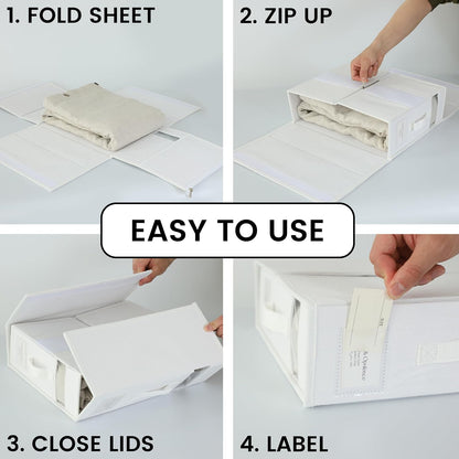 Simple&Opulence 4 Pack Bed Sheet Organizers and Storage, Linen Closet Organizers, Sheets Set Folder Storages with Window and Label (Queen/King Size) Organizing Bedding Container, Linen
