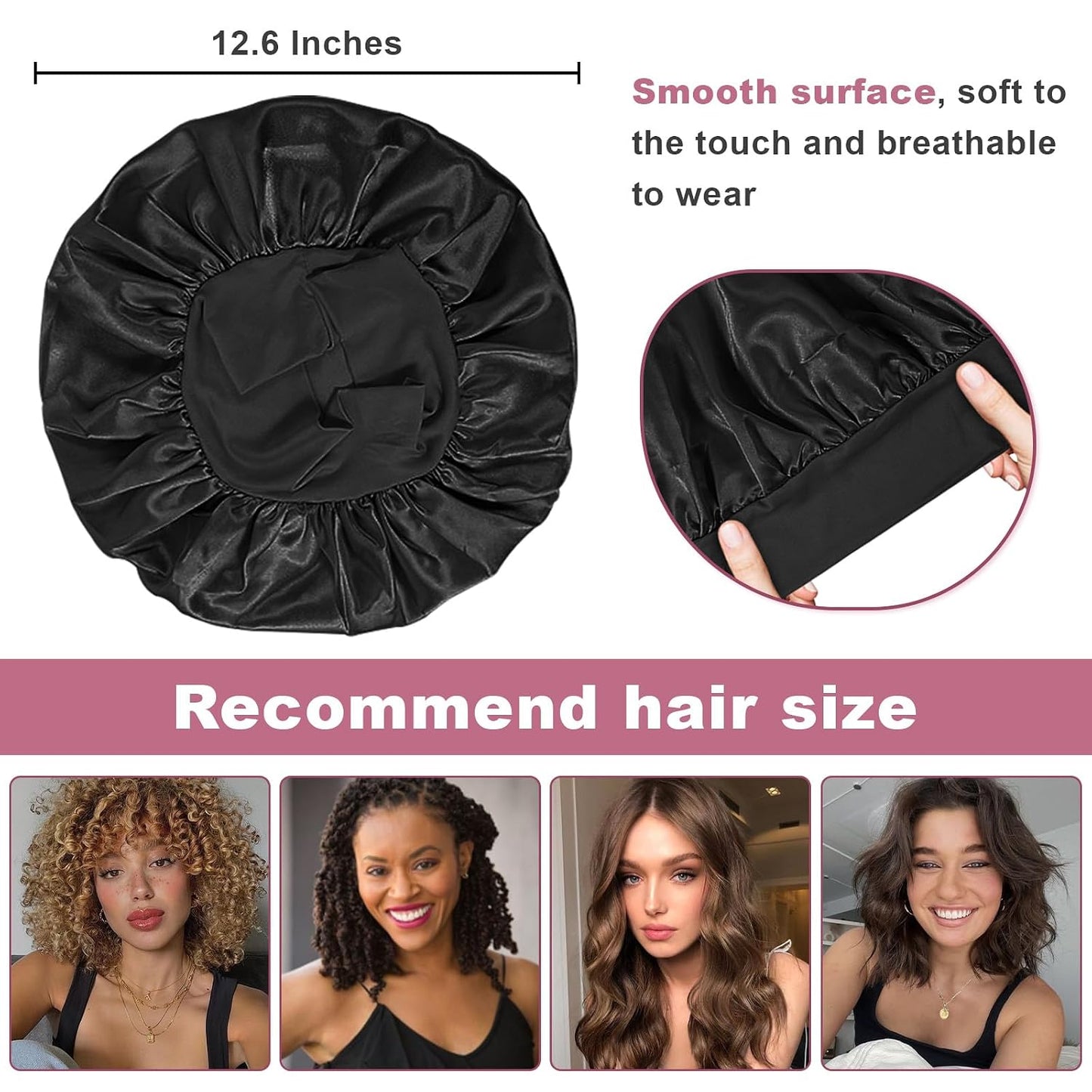 4Pcs Satin Bonnet Silk Bonnet, Hair Bonnet for Sleeping | Elastic Wide Band Silk Sleep Cap, Soft and Breathable, Black Red Purple Gold