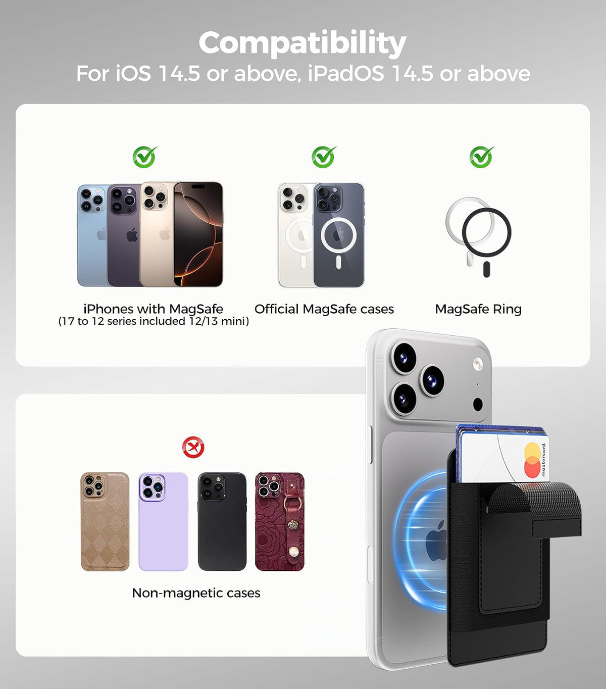 for MagSafe Wallet Works with Apple Find My, 5-Card RFID Holder with Pop-Up Strap, Strong Magnetic Wallet for iPhone 17/16/15/14/13/12 Pro Max Air Plus, Wireless Charging, Black