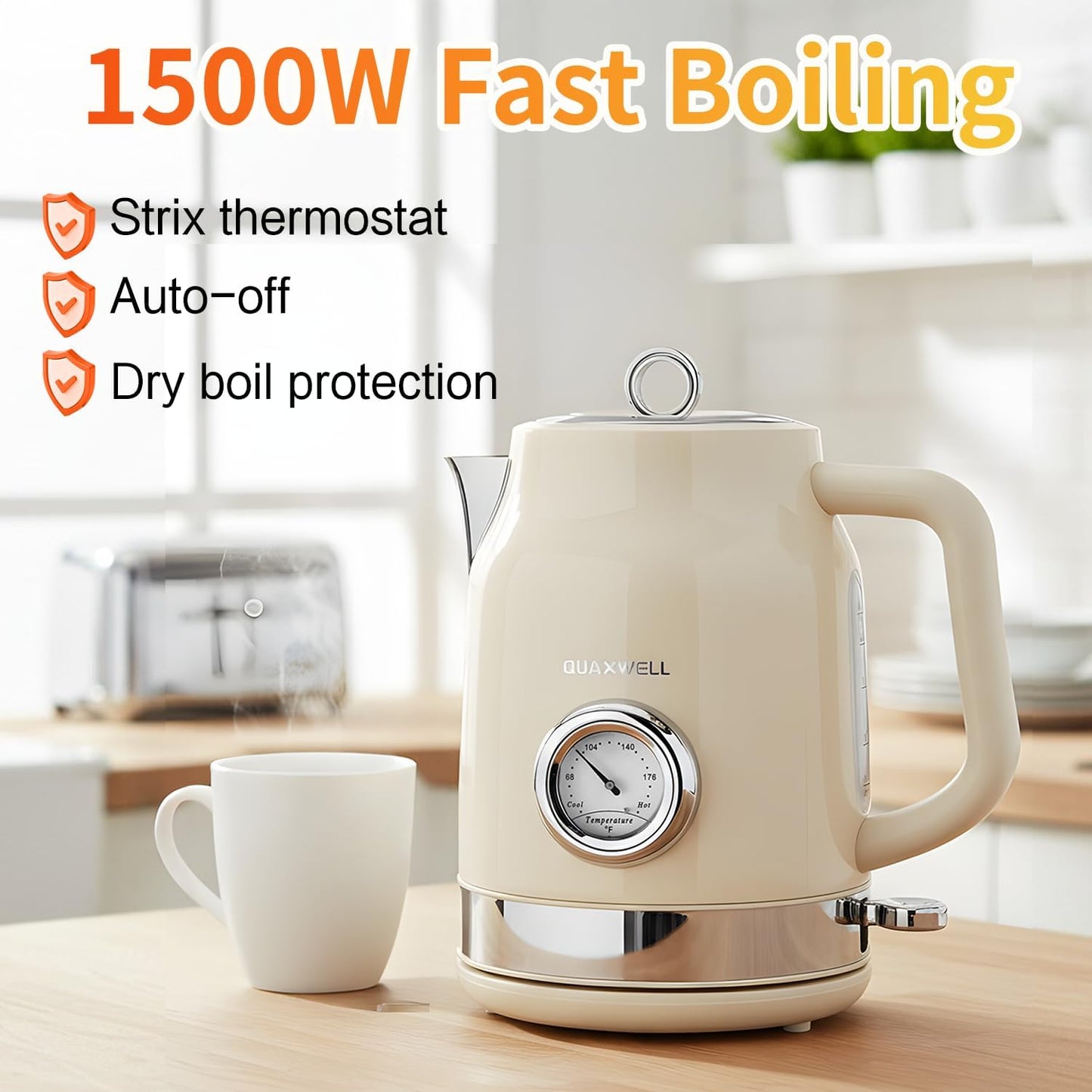Retro Electric Tea Kettle, 1.7L, Matte White and Gold