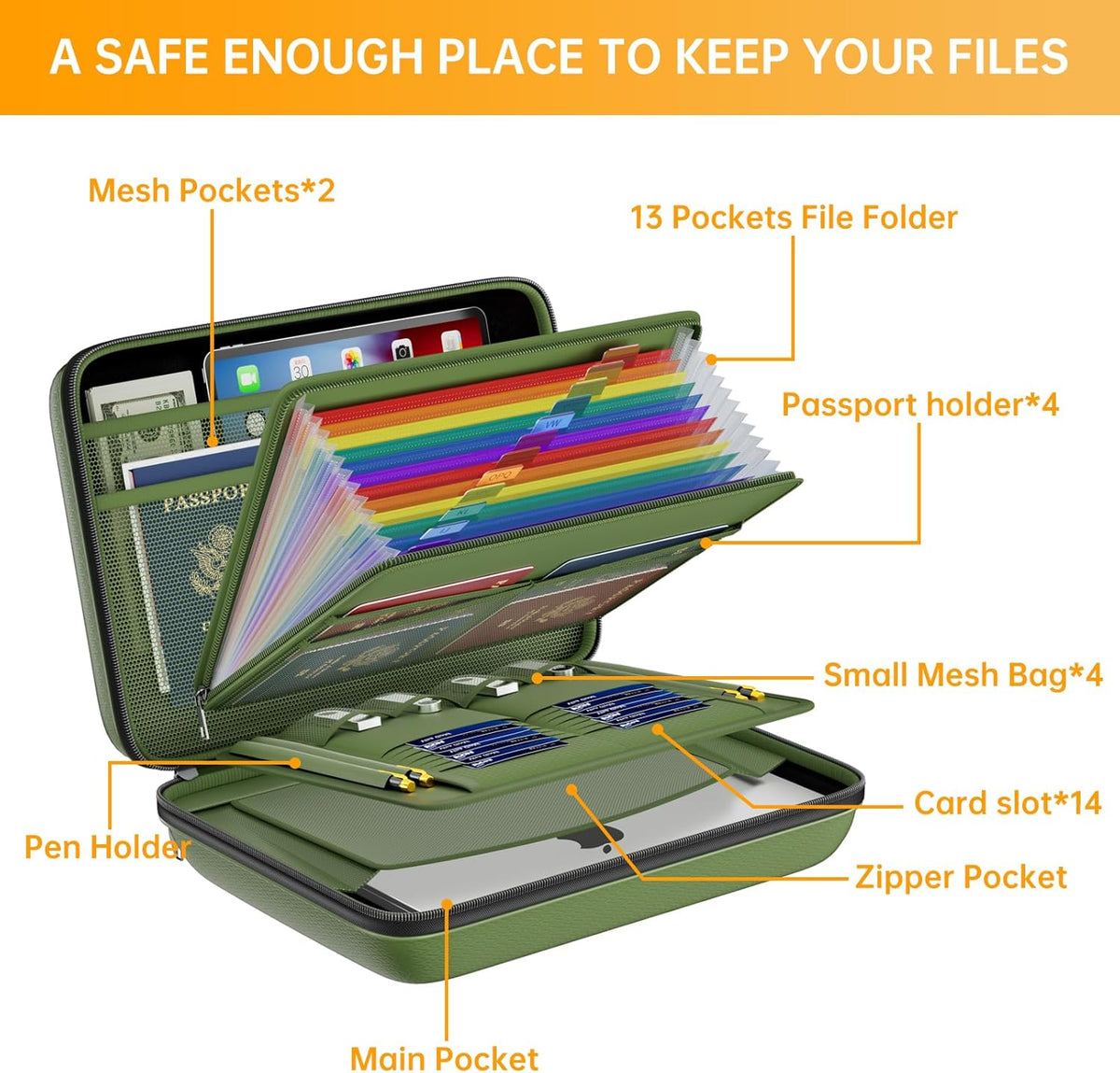 DocSafe Fireproof File Organizer with Lock, Hard-Shell Case Fireproof Document Box with 13 Pocket Accordion File Folder, Portable Home Office Travel Safe Storage for Important Documents Laptop Beige