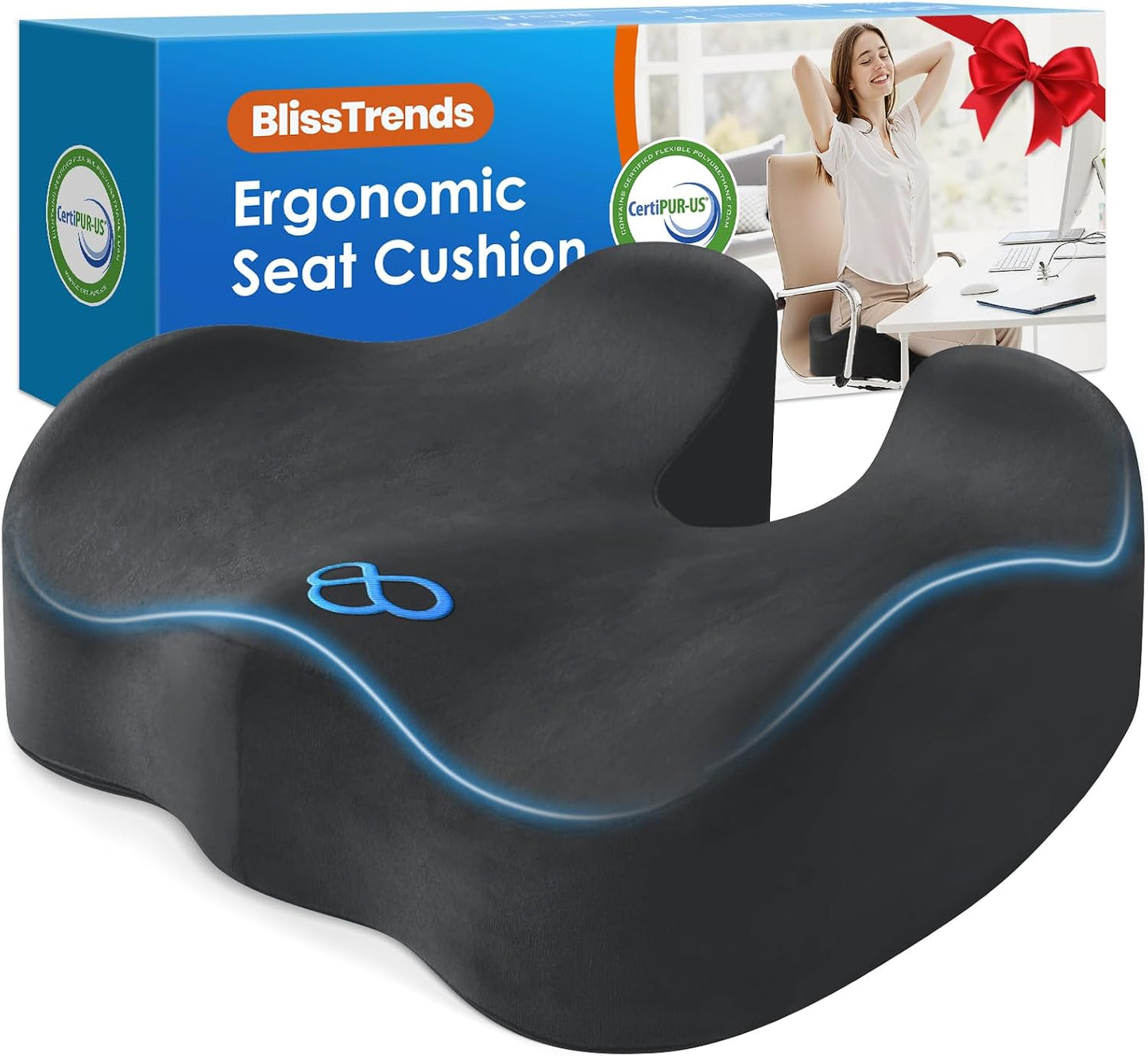 BlissTrends Seat Cushion with Velvet Cover, Thick Memory Foam Cushions for Office Chair, Car Seat, Airplane, Relieving Pressure Tailbone Sciatica Back Pain for Long Sitting, Car Drivers 4.7in Black