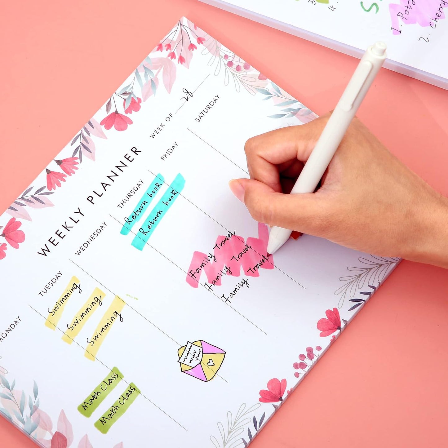 Weekly Planner Notepad Tear Off Set of 2 Weekly Calendar Pad 52 Undated To Do List Notepad Sheets Desk Planner Planning Pads Productivity Tracker for Work Goals Notes Schedule Ideas, Floral Blue