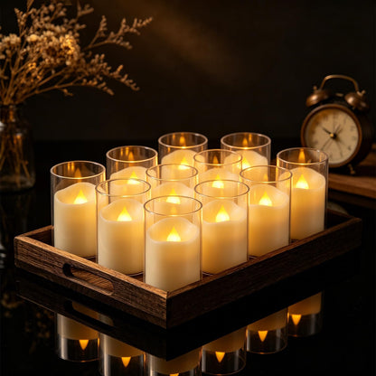 24 Pcs LED Flameless Candles with Remote, 3D Flickering Flame & LED String Lights, Acrylic Clear Cylinder, Timer Function, Romantic Ambience for Home Decor, Party, Wedding (Ivory).