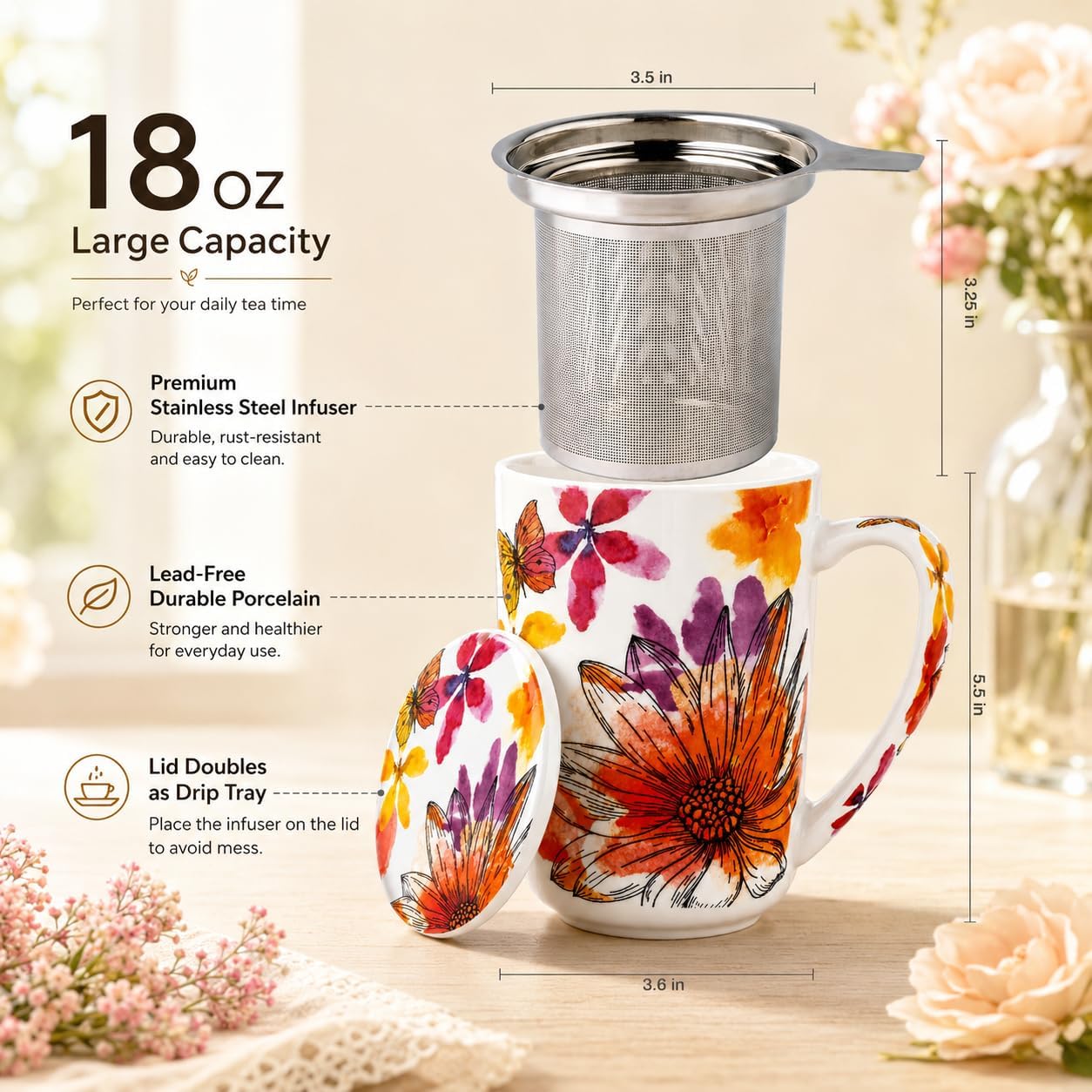 GBhome Tea Mug with Infuser and Lid, 18 Ounce Large Ceramic Loose Leaf Cup, Microwave, Dishwasher Safe, Perfect for Tea Lovers