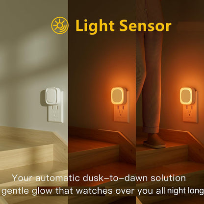 YUNLEX 2 Pack Amber Night Light, Dusk to Dawn Sensor, Warm Glare-Free Reflected Glow, 3-Level Dimmer, Auto On/Off, Plug-in LED Nightlight for Bedroom, Kids, Bathroom, Sleep, Baby Nursery, Toddler