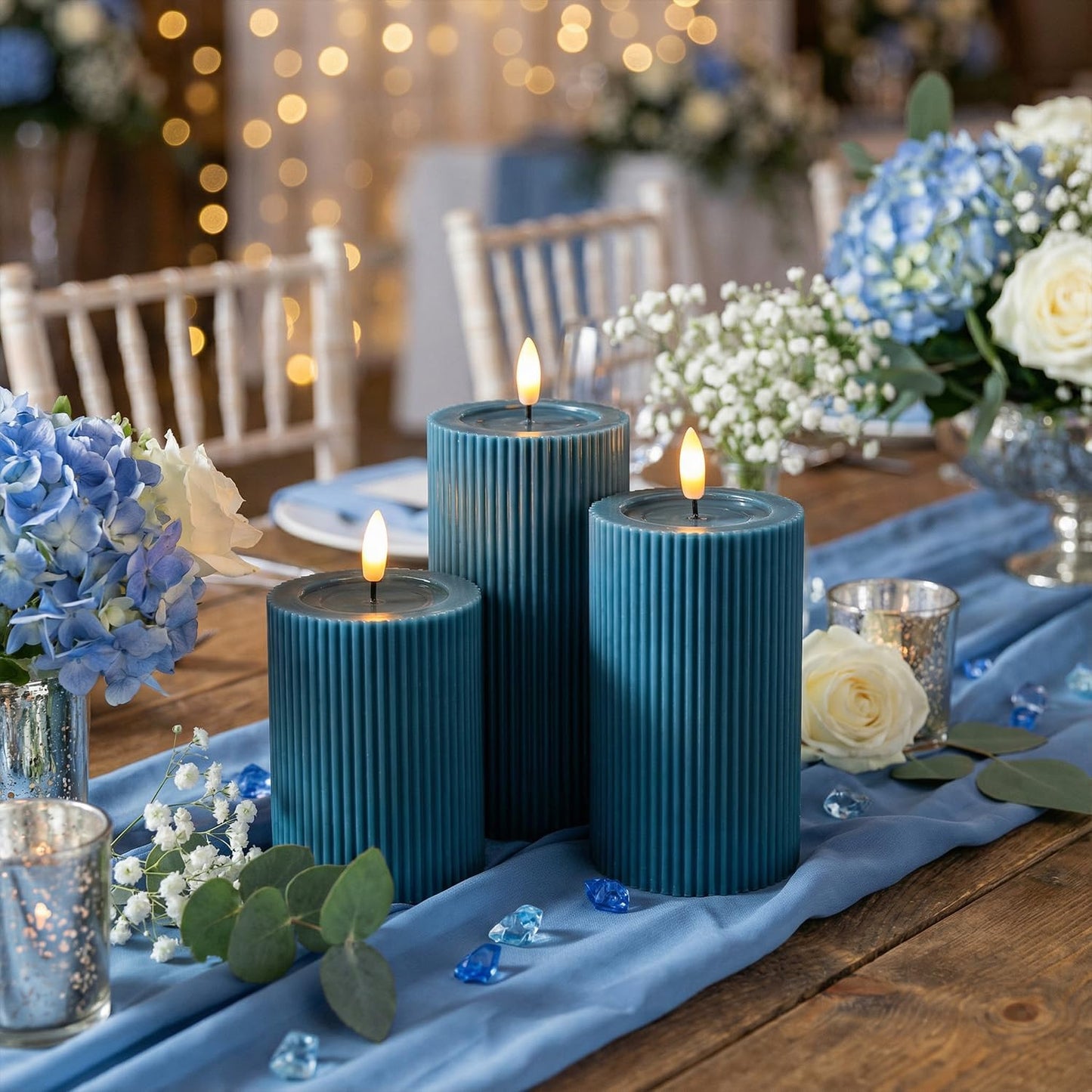 Ribbed Fluted Real Wax Flameless LED Pillar Candles, Loden Sage Olive Green, Melted-Wax Top Look, Flickering Flame, Battery Operated, Remote & Timer, Shelf & Wedding Decor (Set of 3)
