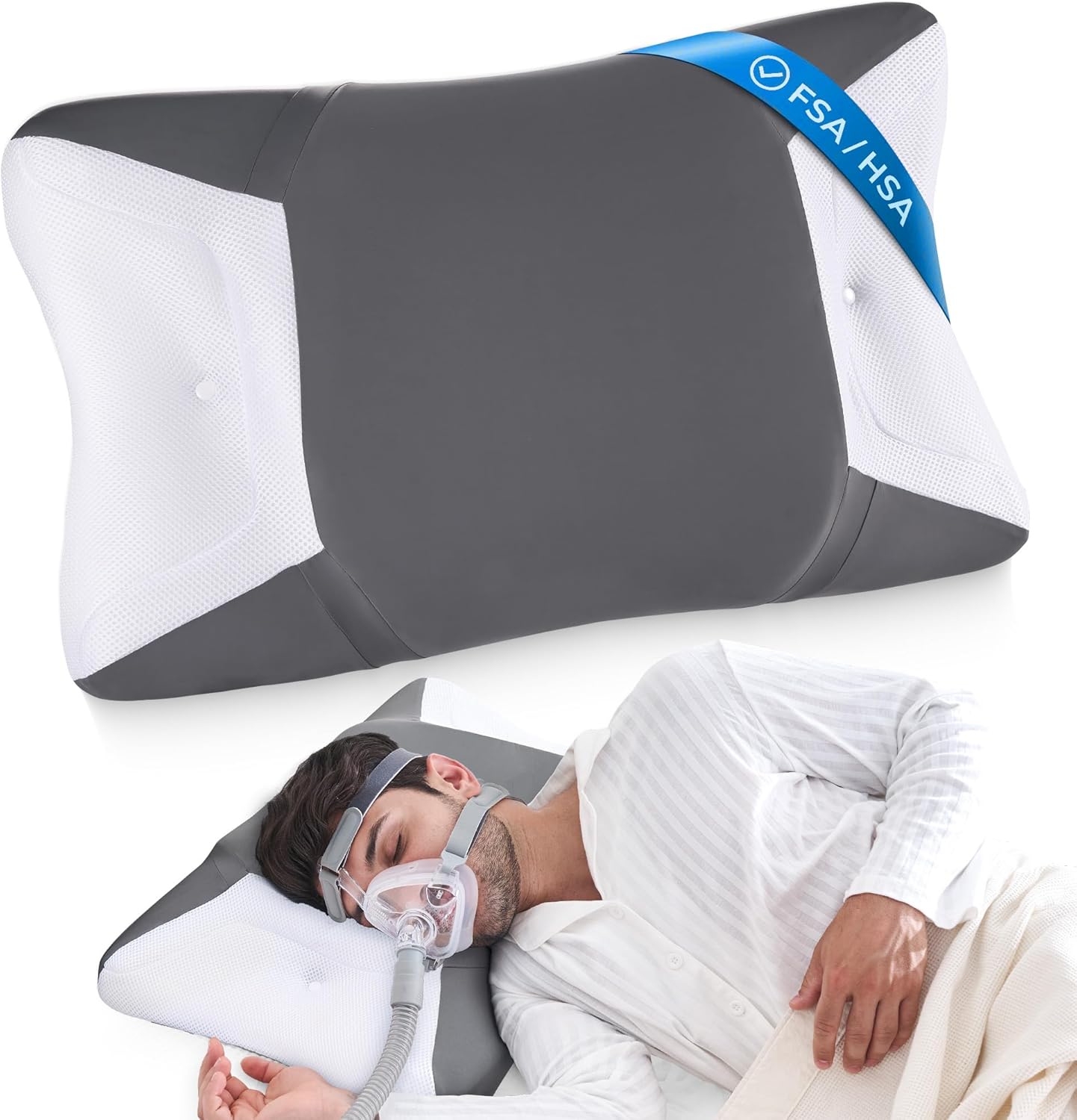 CPAP Pillow for Side Sleeping, HSA/FSA Sleep Apnea Pillow for All CPAP Masks Users to Reduce Air Leaks, Masks Pressure, Memory Foam with Cooling & Breathable Pillowcase for Side Back Sleeper