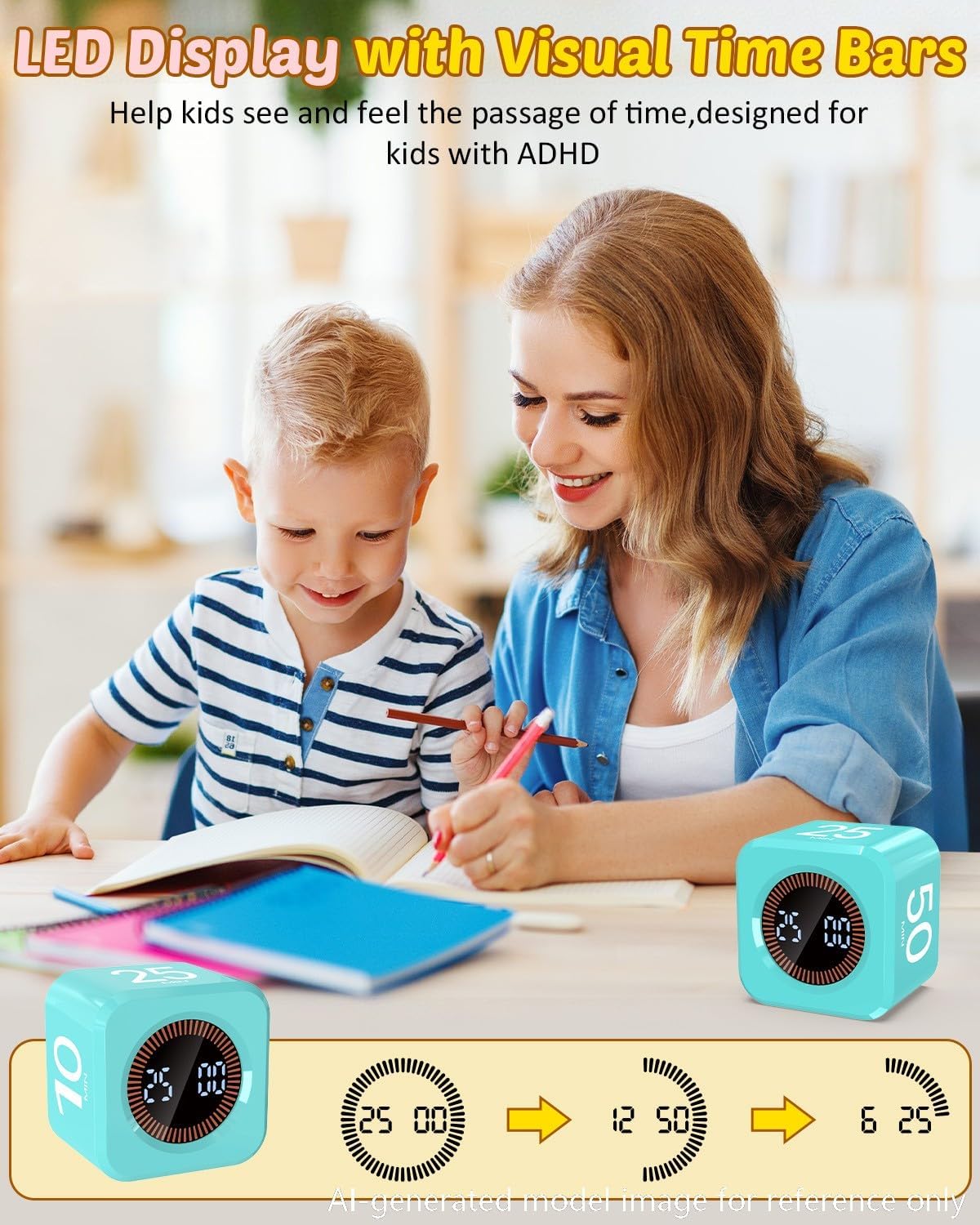 Digital Pomodoro Timer Cube 5/10/25/50min, Visual Productivity Flip Timer for Kids Classroom Desk, Custom Countdown, Silent and Sound Mode for ADHD Study Work Game Kitchen (Orange)
