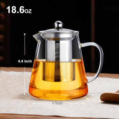 Baalaka Glass Teapot Stovetop 20 OZ/600ml, Tea pot with Removable 18/8 Stainless Steel Infuser, Borosilicate Clear Tea Kettle, Teapot Blooming and Loose Leaf Tea Maker Tea Brewer for Camping, Travel