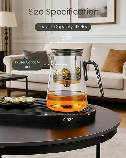 ZENS Magnetic Tea Pot, Enchanted Glass Teapot with Infuser and Magnetic Suction Lid for Mess-Free Loose Tea Diffusers, Walnut Wood Handle, Tea Lovers Gifts
