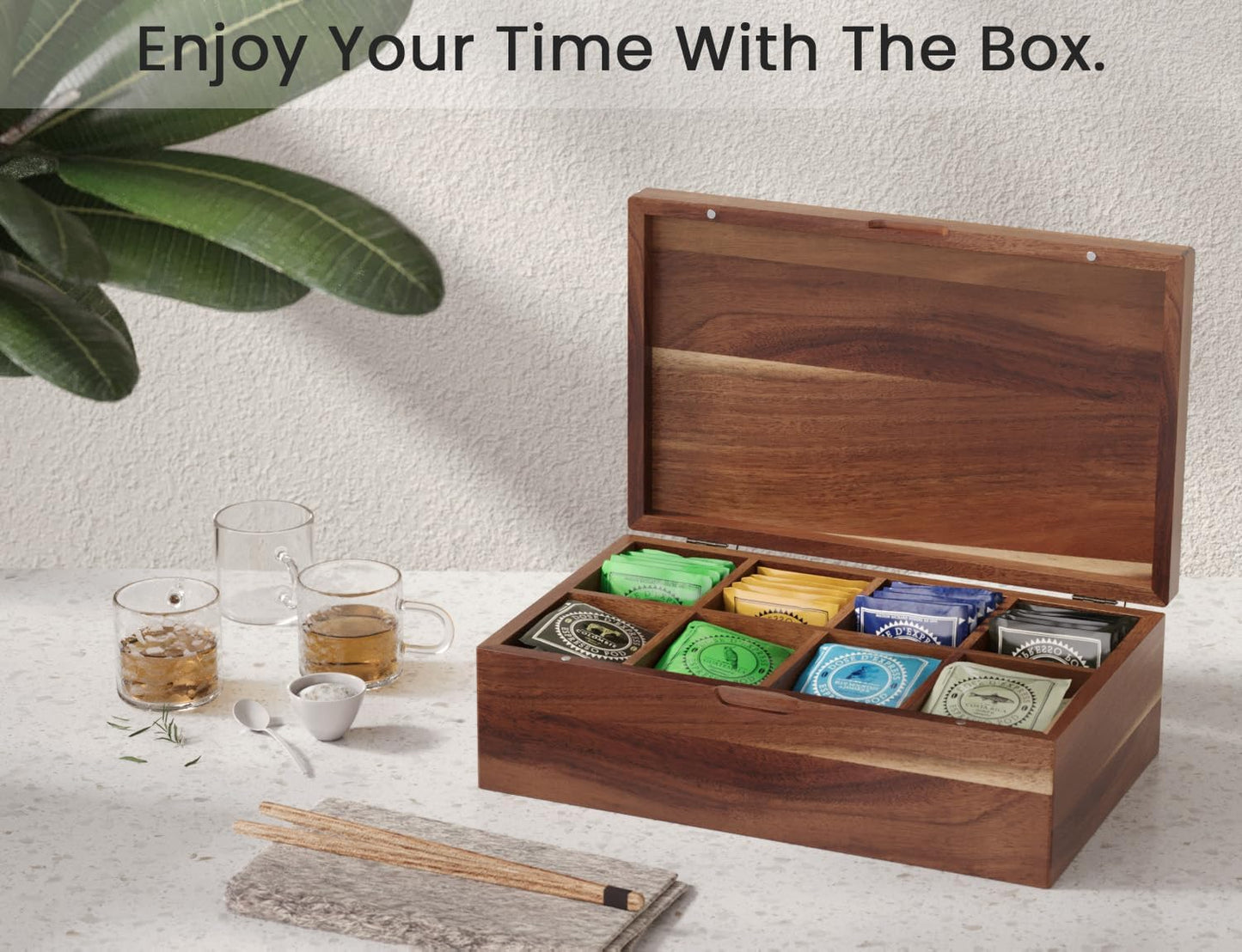 Acacia Wood Tea Bag Organizers, Tea and Sugar Packet Storage Chest with Lid, Wooden Teabag Holder Containers,Storage Box Teabox with 6 Compartments