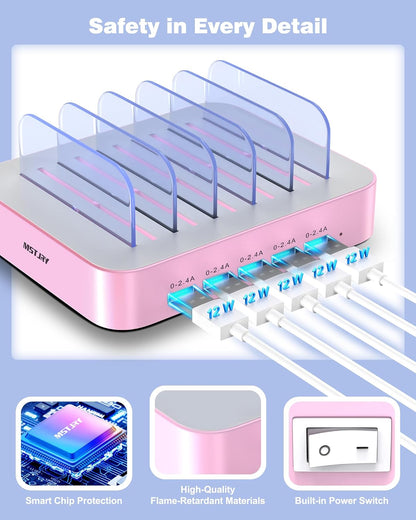 MSTJRY Charging Station for Multiple Devices : 5 Port Multi USB-A Charger Stations Multi-Device Organizer Charging Dock Designed for iPhone iPad Cell Phone Tablets (7 Short Cables Included)