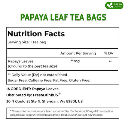 FreshDrinkUS, Premium 40 Papaya Leaf Tea Bags, 100% Natural & Pure from Papaya Leaves. Loose Leaf Herbal Tea. Made with Natural Material Tea Bags. No Sugar, No Caffeine, No Gluten, Vegan.