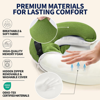 BUYUE Travel Neck Pillows for Airplanes, Memory Foam 360° Head Support Sleep for Long Flight, Skin-Friendly & Breathable, Kit with Eye Mask, Earplugs and Storage Bag (Adult, Grey, 90+ lbs)