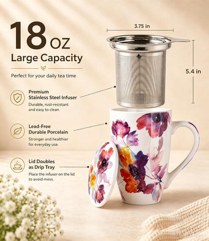 AmorArc 18oz Porcelain Tea Mug with Infuser & Lid, Loose Leaf Tea Cup with Stainless Steel Strainer, Large Coffee Mug Gift for Women, Tea Lovers, Home & Office