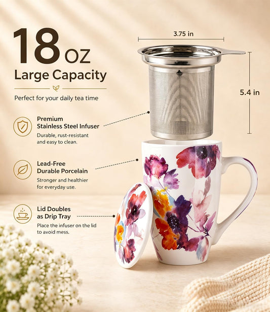 AmorArc 18oz Porcelain Tea Mug with Infuser & Lid, Loose Leaf Tea Cup with Stainless Steel Strainer, Large Coffee Mug Gift for Women, Tea Lovers, Home & Office