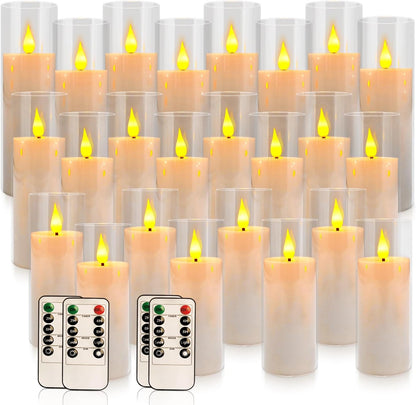 24 Pcs LED Flameless Candles with Remote, 3D Flickering Flame & LED String Lights, Acrylic Clear Cylinder, Timer Function, Romantic Ambience for Home Decor, Party, Wedding (Ivory).