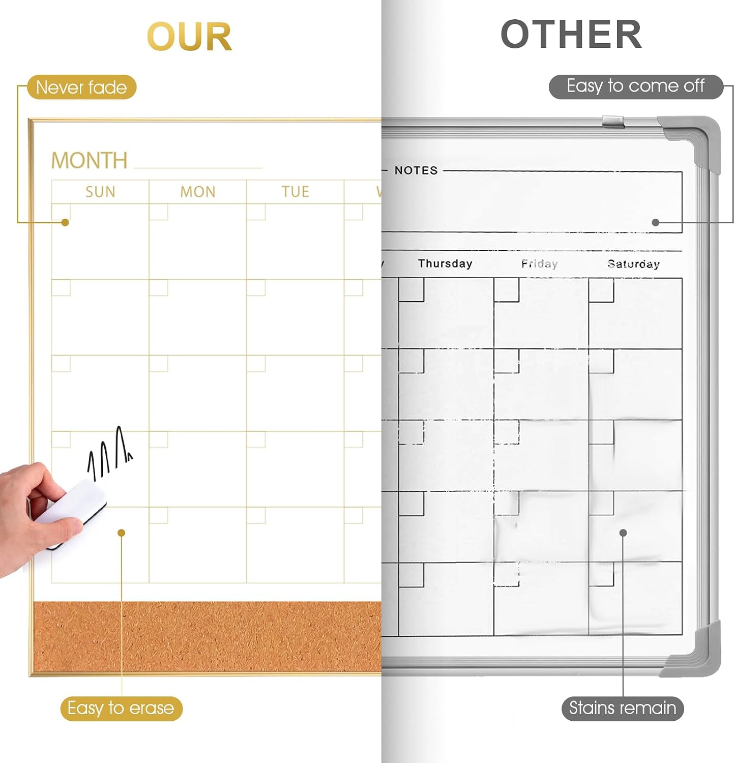 ARCOBIS Dry Erase Calendar with Cork Board for Wall, 24"x 18" Magnetic Calendar Whiteboard with Black Frame, Monthly Combination Board for School, Home, Office