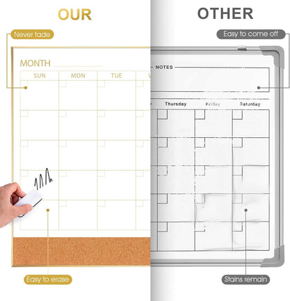 ARCOBIS Dry Erase Calendar with Cork Board for Wall, 24"x 18" Magnetic Calendar Whiteboard with Black Frame, Monthly Combination Board for School, Home, Office