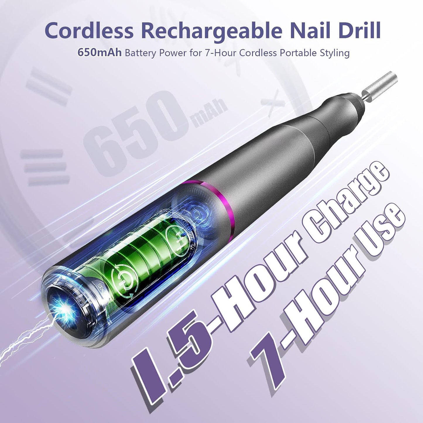 TUOBEO Cordless Nail Drill Electric Nail File Kit, Rechargeable Efile Set, Portable Acrylic Gel Nail Polish Remover Machine, Pedicure Manicure Tool, 11 Bits, 56 Sanding Bands, Salon Home, Purple