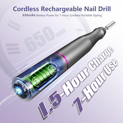 TUOBEO Cordless Nail Drill Electric Nail File Kit, Rechargeable Efile Set, Portable Acrylic Gel Nail Polish Remover Machine, Pedicure Manicure Tool, 11 Bits, 56 Sanding Bands, Salon Home, Purple