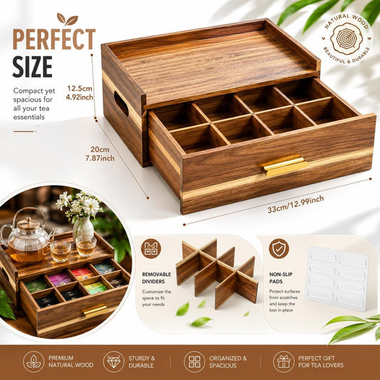 Acacia Wood Tea Bag Organizer 8 Compartment Storage Box & Organizer with Drawer Tea Bag Holder Container Chest,Coffee Station Sugar Packet Display for Countertop, Pantry, Office Cabinet