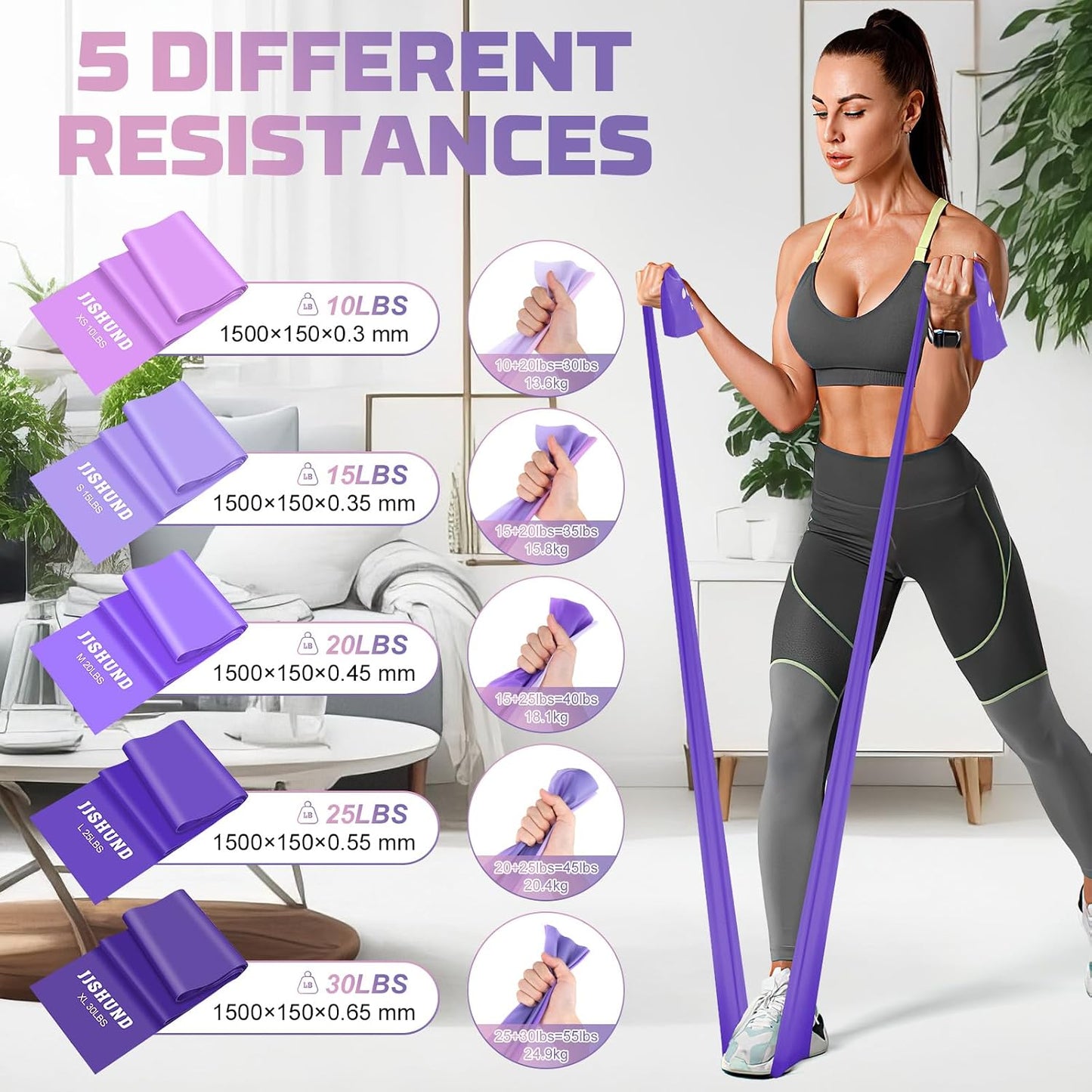 5 Pcs Resistance Bands, Professional Exercise Bands Elastic Stretch Bands for Fitness Yoga Pilates Stretching Strength Training, Workout Bands for Women and Men Home Gym
