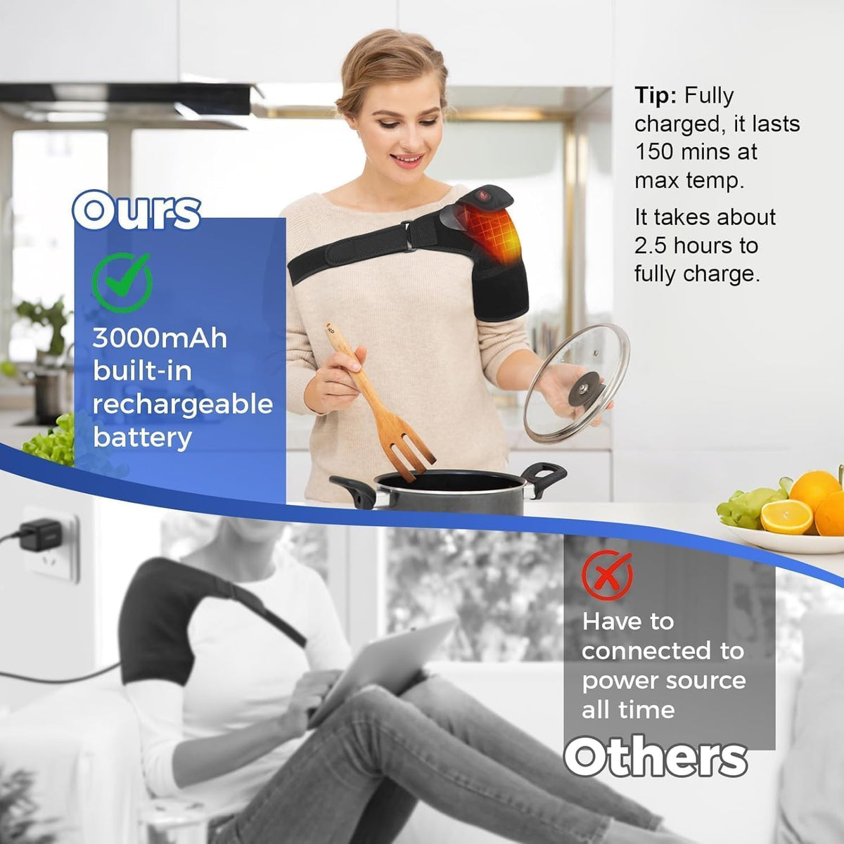 Cordless Shoulder Heating Pad, Heated Shoulder Brace for Rotator Cuff Frozen, 3 Heat Levels, 3000mAh Rechargeable Battery, Shoulder Wrap for Pain Relief Deep Tissue for Men Women (Black)