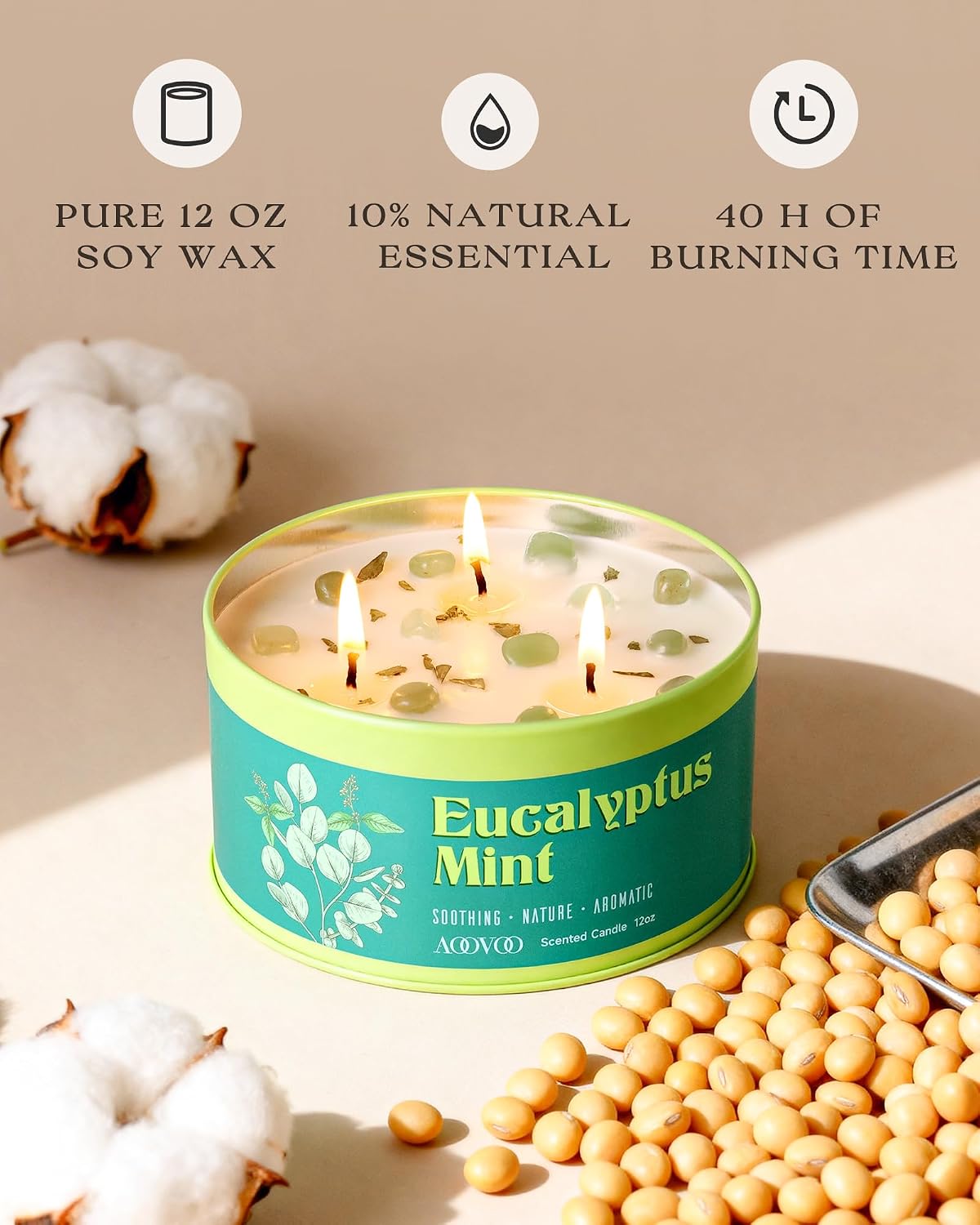 AOOVOO Sage Candle for Cleansing - 3 Wick 12oz Large Scented Candle with Crystals & Sage Leaves Inside, Soy Candles Non Toxic for Meditation Spiritual Gift, Aromatherapy Candle for Women Men