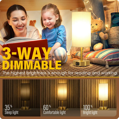 Yarra-Decor Bedside Lamps with USB Port - Touch Control Table Lamp for Bedroom Wood 3 Way Dimmable Nightstand Lamp Set of 2 with Round Flaxen Fabric Shade for Living Room, Dorm, Home Office (2 Pack)