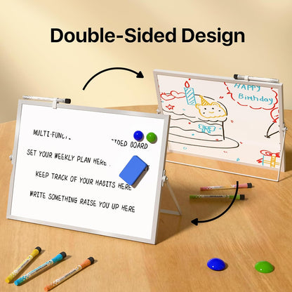 Marsrock Dry Erase White Board with Stand,Double-Sided Weekly Whiteboard 16"x12",10 Markers,6 Magnets,1 Eraser,Portable Desktop Whiteboard for Planning,Weekly Schedule Board for Office