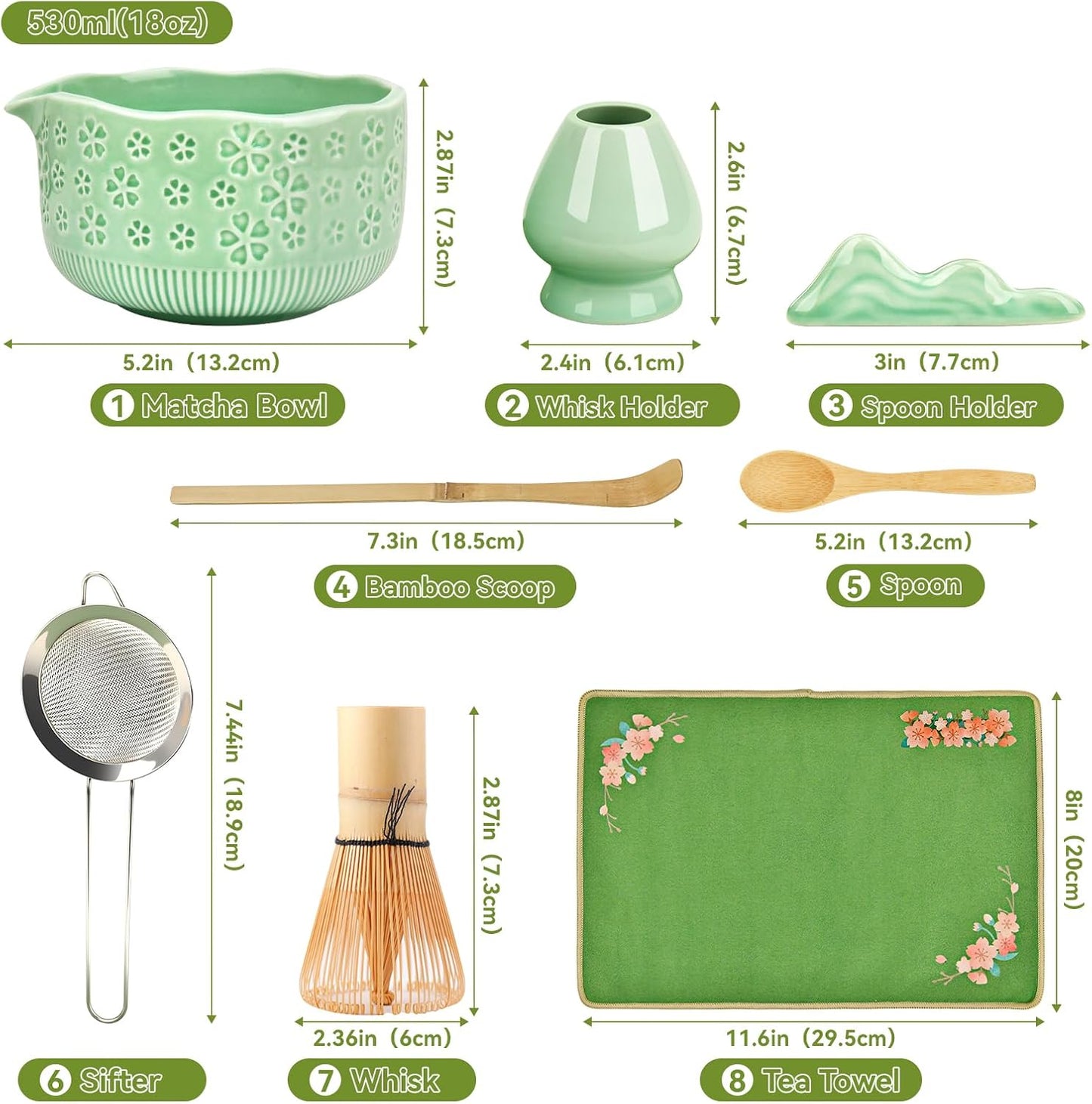 Matcha Whisk Set, 7 Pcs Matcha Making Kit with Matcha Bowl, Matcha Whisk and Holder, Bamboo Scoop, Scoop Rest, Sifter and Tea Towel，Gifts for Christmas Birthday