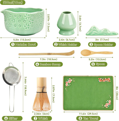 Matcha Whisk Set, 7 Pcs Matcha Making Kit with Matcha Bowl, Matcha Whisk and Holder, Bamboo Scoop, Scoop Rest, Sifter and Tea Towel，Gifts for Christmas Birthday