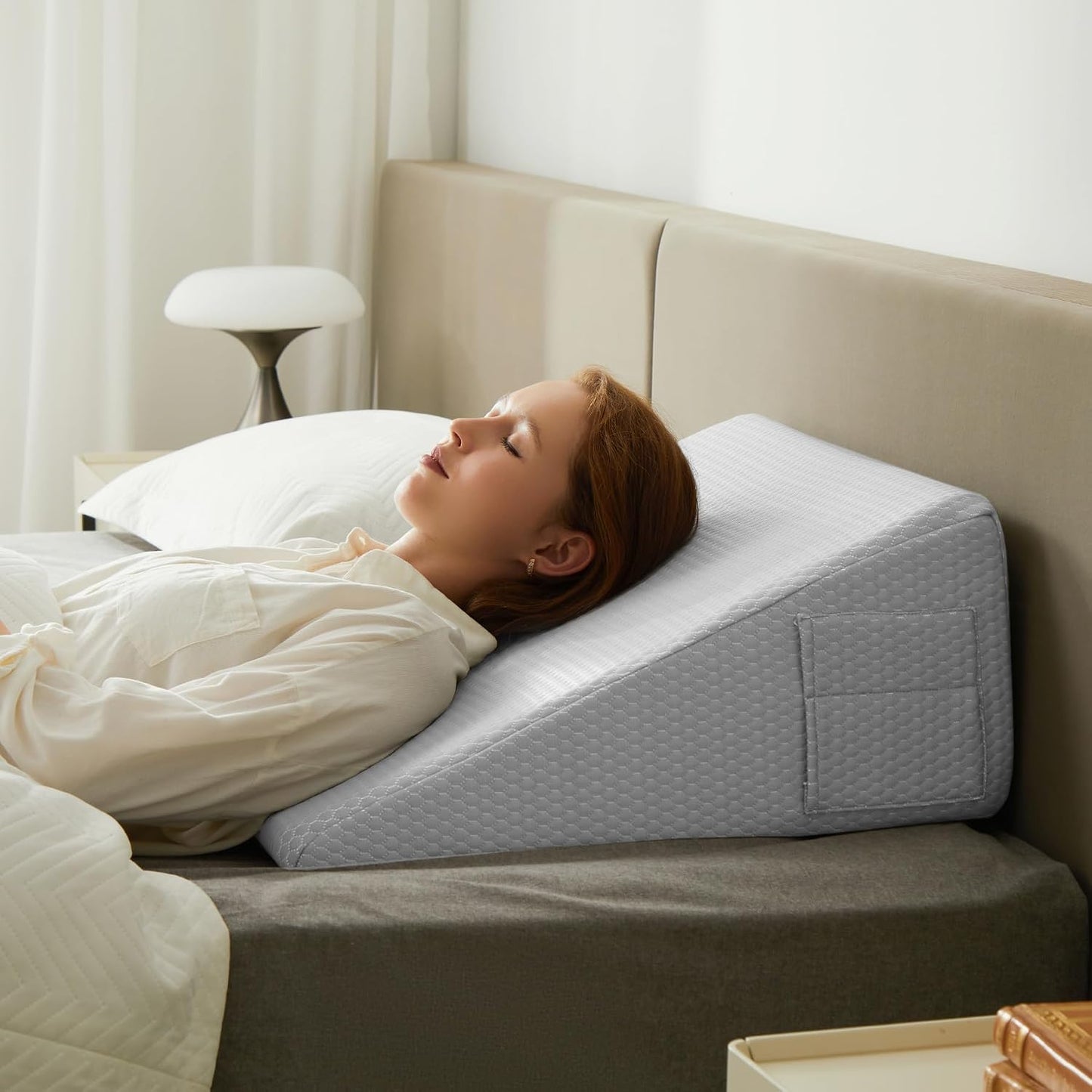 Bedluxe Wedge Pillow, 10 inch Bed Wedge Pillow for Headboard, Pillow Wedge for Acid Reflux Relief, Sleeping, Back Pain Relief, Snoring, Triangle Pillow Wedge, White/Grey