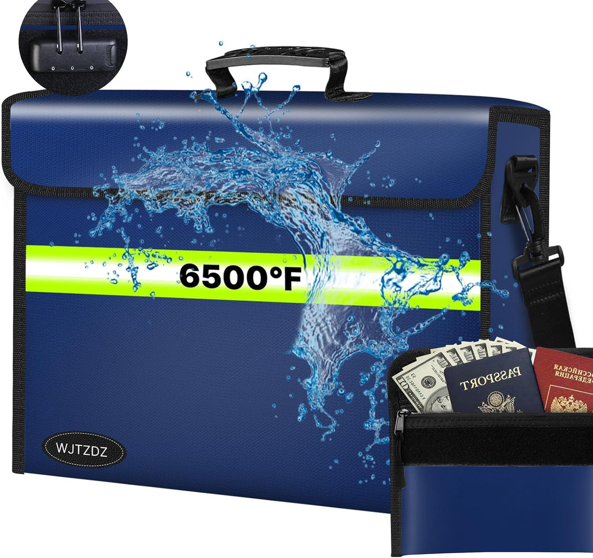 6500°F Fireproof Document Bag with Lock-Fireproof Box with 10 Layers Insulation Materials&Waterproof Zipper,Removable Wallet,Reflective Strip for Cash,Documents,Jewelry(14.2”x 9.6”x 4.1”)