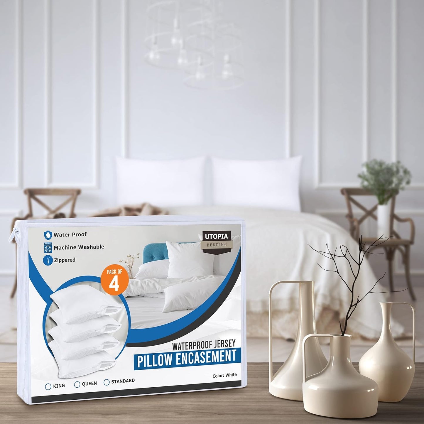 Set of 4 Pillow Protectors with Zipper Standard Size, Bed Bug and Dust Mite Proof Pillow Covers, Ultra Soft Pillow Encasements, Moisture Wicking and Waterproof Pillow Cases by Utopia Bedding (White)