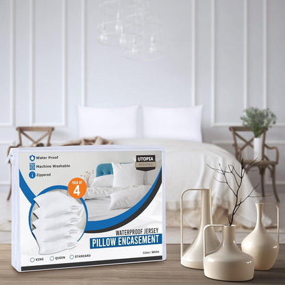Set of 4 Pillow Protectors with Zipper Standard Size, Bed Bug and Dust Mite Proof Pillow Covers, Ultra Soft Pillow Encasements, Moisture Wicking and Waterproof Pillow Cases by Utopia Bedding (White)