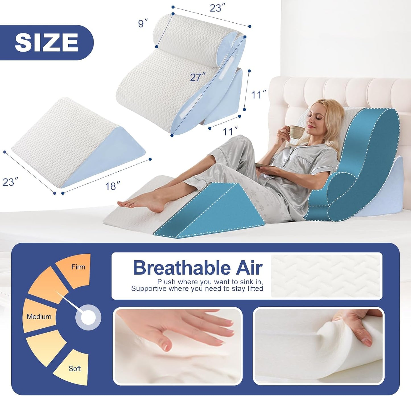 4PCS Orthopedic Bed Wedge Pillow Set for Sleeping, Post Surgery Foam Support Pillows for Back, Neck and Leg Pain Relief, Adjustable Triangle Pillow – Acid Reflux, GERD & Snoring Recovery, White Grey