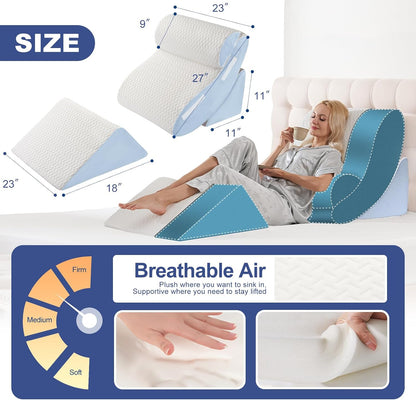 4PCS Orthopedic Bed Wedge Pillow Set for Sleeping, Post Surgery Foam Support Pillows for Back, Neck and Leg Pain Relief, Adjustable Triangle Pillow – Acid Reflux, GERD & Snoring Recovery, White Grey
