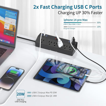 Desk Clamp Power Strip 10FT, 40W Total Fast Charging Station, Black