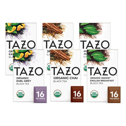 TAZO Tea Bags, Regenerative Organic: Chai Black Tea, Awake English Breakfast Black Tea, & Earl Grey Tea 16 CT (2ea) (Variety Pack)