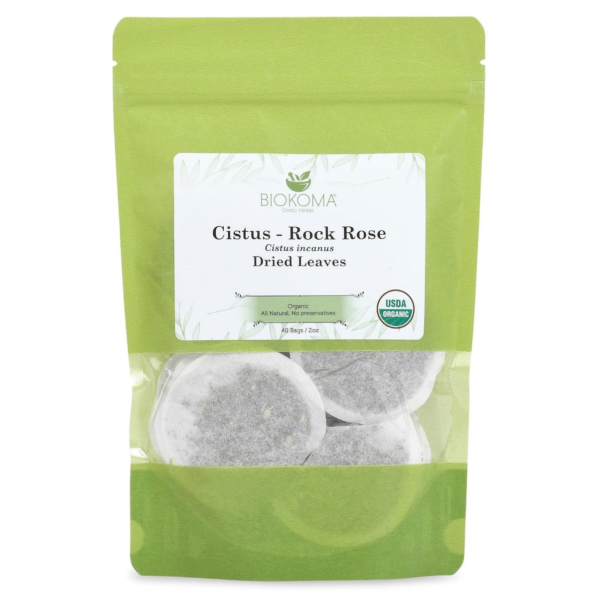Biokoma Organic Cistus Rock Rose Tea Bags 40 Count Cistus Incanus Dried Leaves USDA Organic Herbal Tea Immune Respiratory Support Resealable Pouch Caffeine-Free Pure No Preservatives Non GMO Kosher
