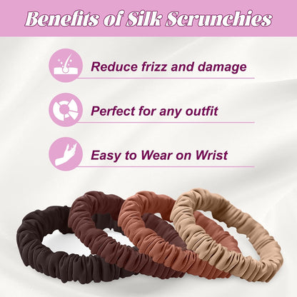 4Pcs Mulberry Silk Scrunchies Set, Silk Hair Ties Elastic for Women, Skinny Scrunchies Reduces Breakage for All Hair Types