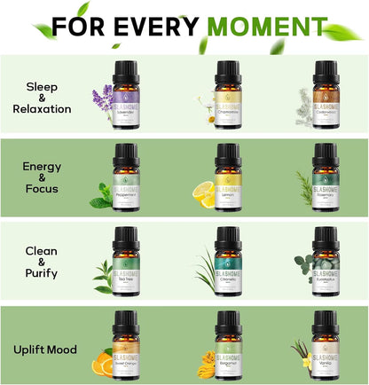 12 Pack Essential Oils for Diffusers for Home - Water Soluble Diffuser Oils Set for Humidifiers & Spa, Scented Oil with Wooden Gift Box for Women - Lavender, Peppermint, Sweet Orange, Tea Tree & More