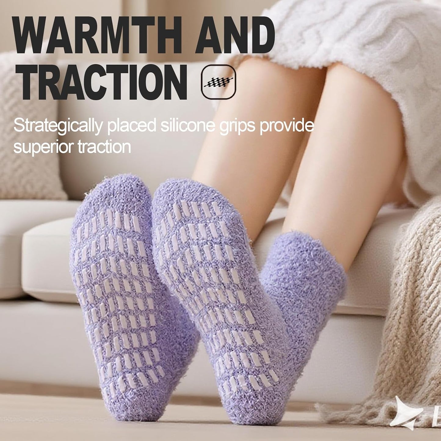 5 Pairs Fuzzy Socks with Grips for Women, Non Slip Cozy Fluffy Soft Socks, Winter Sleep Slipper Hospital