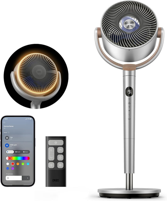 DREO Smart Fan for Bedroom, 120° +120° Omni-Directional Oscillating Fans, 100ft Quiet Pedestal Fan with RGB Light, 9 Speeds, 6 Modes, 20dB, 8H Timer, Wi-Fi/Voice/Alexa, 35-40" Floor Fans with Remote