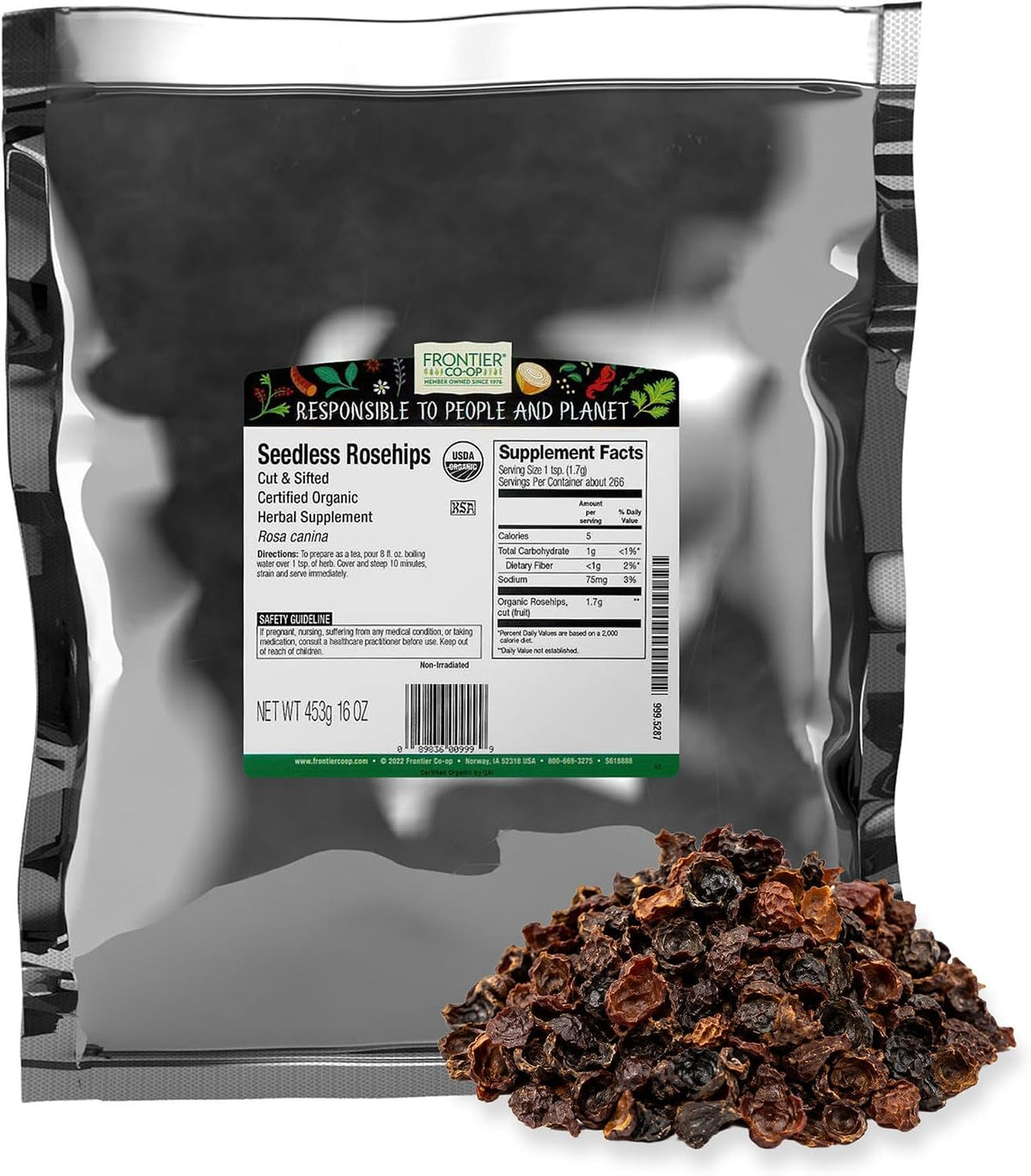 Frontier Co-op Organic Seedless Rosehips, Cut and Sifted, Natural Dried Rose Hips for Rosehip Tea Organic, Powder, Oil, Kosher | 16 Ounce (Pack of 1)