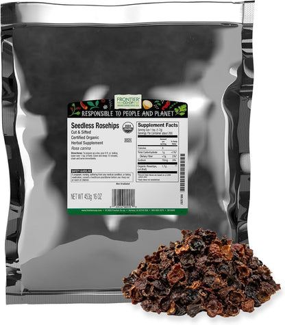 Frontier Co-op Organic Seedless Rosehips, Cut and Sifted, Natural Dried Rose Hips for Rosehip Tea Organic, Powder, Oil, Kosher | 16 Ounce (Pack of 1)